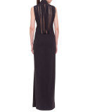 Sleeveless Fringe-Back Gown, Black