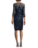 3/4-Sleeve Embellished Sheath Dress, Navy