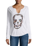 Long-Sleeve Floral Skull Tee, Blanc
