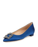 Hangisi Crystal-Buckle Satin Flat, Cobalt