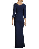 Eos 3/4-Sleeve Mesh Illusion Gown, Navy