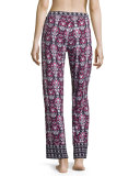 Clara Printed Wide-Leg Pants, Black/Deep Ruby 