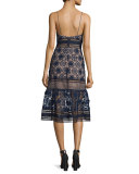 Sleeveless Mixed-Lace Midi Dress, Navy/Black/Nude