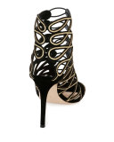 Looped Embroidered Suede Bootie, Nero
