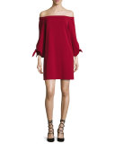 Cold-Shoulder Tie-Sleeve Crepe Mini Dress, Crimson Red