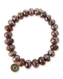 8mm Faceted Brown Silverite Beaded Bracelet with 14k Diamond Evil Eye Disc Charm