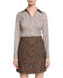 Long-Sleeve Plaid Button-Down Blouse, Brown