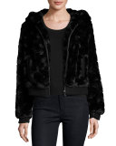 Faux-Fur Hooded Zip-Front Bomber Jacket, Black