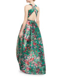 Sleeveless Floral Mikado High-Low Gown, Malachite