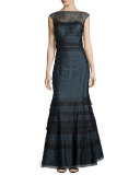 Sleeveless Lace-Trim Tiered Taffeta Gown, Navy/Black