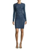 Lace Long-Sleeve Sheath Dress, Sapphire