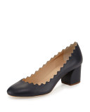 Scalloped Leather Block-Heel Pump, Navy