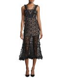 Lorelle Sleeveless Embroidered Lace Midi Dress, Black