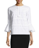 Tiered Lace Poplin Bell-Sleeve Top, White