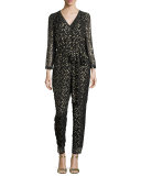 long-sleeve metallic silk chiffon jumpsuit, Black/Gold