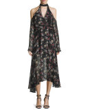 Floral-Print Silk Cold-Shoulder Midi Dress