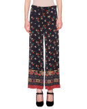 Floral Chinoiserie Cropped Pants, Black/Multi