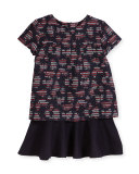 Short-Sleeve Metallic Tweed Dress, Navy/Multicolor, Size 4-14