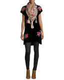 Auri Short-Sleeve Rose-Embroidered Velvet Tunic, Black