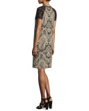 Stud-Print Lace-Sleeve Dress, Ivory