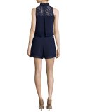 Lace-Trim Crepe Popover Romper, Navy