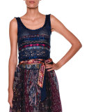 Sleeveless Scoop-Neck Ribbon Top, Blue/Multi