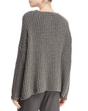 Ladder-Stitched Funnel-Neck Cashmere-Blend Sweater, Charcoal
