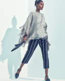 Metallic Linen-Blend Fringe Poncho, Olive