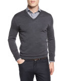 High-Performance Merino Wool V-Neck Sweater, Gray
