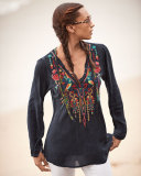 Serendipity Embroidered-Bib Blouse, Navy Shadow