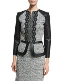 3/4-Sleeve Zip-Front Leather/Tweed Peplum Jacket, Black/Ivory