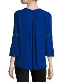 Orion 3/4-Sleeve Pintucked Silk Blouse, Bluette
