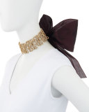 Textured Golden Choker Necklace with Grosgrain Bow, Bordeaux