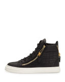 Crocodile-Embossed High-Top Sneaker, Nero