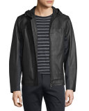 Mixed Media Hooded Leather Jacket, Black