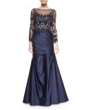 Long-Sleeve Ruched Lace & Satin Gown, Navy