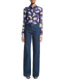 Flat-Front Wide-Leg Jeans, Indigo