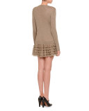 Long-Sleeve Metallic Ruffle-Hem Dress, Gold