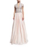 Short-Sleeve Beaded Ball Gown, Pale Pink