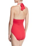 Pearl Solid Pleated Halter One-Piece Swimsuit, Red