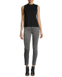 Zion Mid-Rise Skinny Ankle Jeans w/ Button Detail, Distressed Silver