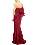 Sleeveless Draped-Ruffle Gown, Red