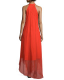 Sleeveless Cutaway Silk Maxi Dress, Flame