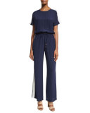 Colorblock Track-Stripe Silk Wide-Leg Jumpsuit, Blue