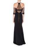 Lace-Sleeve Keyhole Mermaid Gown, Black