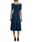 Off-the-Shoulder Ribbed Half-Sleeve Dress, Cobalt
