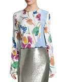 Floral-Print Side-Slit Crepe Blouse, Multi
