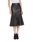 Flared Leather Godet Midi Skirt, Black