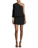 Ashton One-Shoulder Silk Blouson Minidress, Vintage Caviar