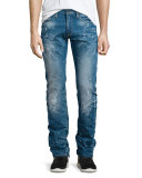 Demon Paint-Splatter Faded Denim Jeans, Medium Blue